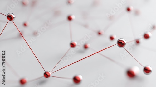 Abstract network of red lines and spheres on a white background