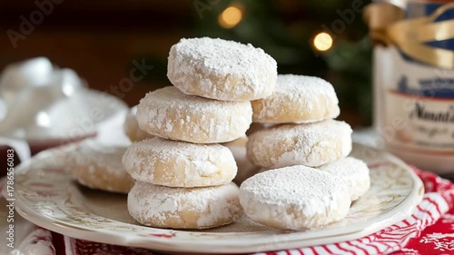 Video of sprinkling traditional Spanish Christmas cookies polvorones with powdered sugar on a plate. Festive decoration candle light