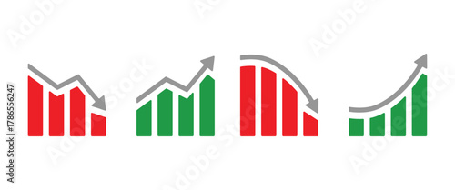 Four Bar Graph Icons with Red and Green Colors On Transparent Background