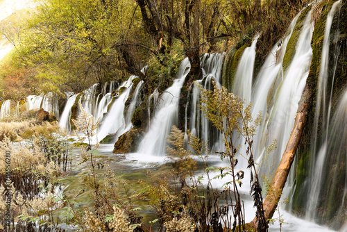 The Arrow Bamboo Waterfall of Jiuzhaigou National park, Sichuan, China. the fall is a stunning cascade in Jiuzhaigou, a UNESCO World Heritage site famous for its colorful lakes and waterfalls.