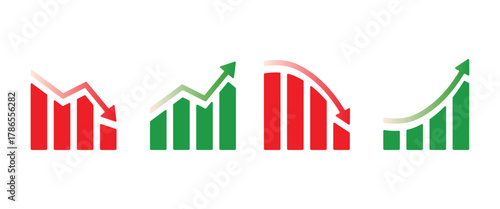 Four Bar Graph Icons with Gradient Arrows Isolated On Transparent Background