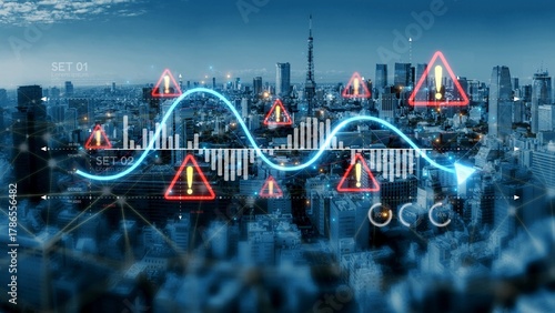 Economic caution visual showing risk alerts and financial volatility. Warning signs highlight economic downturn, market risk, finance crisis, and uncertainty in data-driven analysis. Muxer