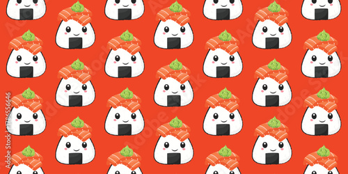 Seamless vector pattern with cute onigiri rice balls for Asian sushi restaurant design, packaging, menu design, and branding projects