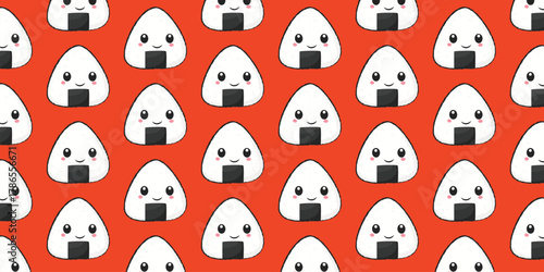 Seamless vector pattern with cute onigiri rice balls for Asian sushi restaurant design, packaging, menu design, and branding projects