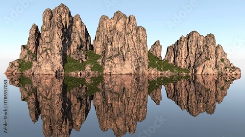 Abstract landscape with sharp mountain peaks, water reflections, blue sky & golden hour lighting, 3D high-resolution rendering
