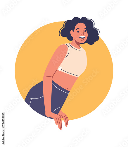 Woman peeking out round frame