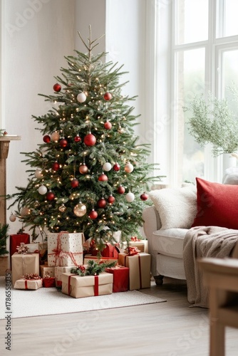 Cozy christmas living room with decorated tree and fireplace ambience