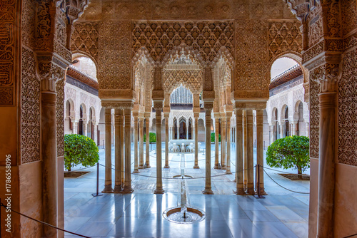 Court of Lions in Nasrid palace of Alhambra, Granada, Spain