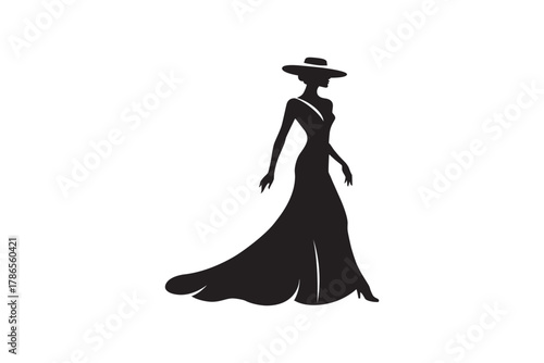 Elegant silhouette of woman in stylish gown and hat for fashion, beauty, or event promotions, embodying sophistication and classic glamour