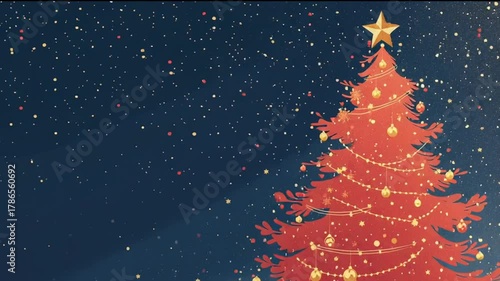Animation video of red Christmas tree with golden ornaments garland colorful confetti falling snow