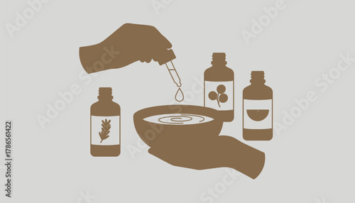 Hands preparing a mixture of essential oils with bottles of rosemary eucalyptus and citrus surrounding a small wooden bowl.