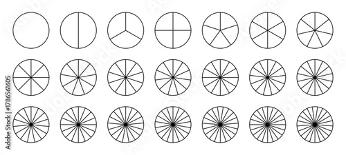 Parts of diagram wheel from 1 to 21. Template of pie chart. Coaching blank. Segmented chart. Sectors divide the circle on equal parts. Outline black graphics. Pie charts, pizza charts infographic set.