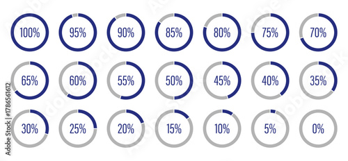 Template of dark blue and gray color fill pie charts indicator. Circle diagrams icons for infographics from 100 to 0 percent. Set of round graph loading progress. Blue progress bars. Round percentage 