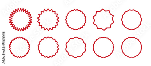 vorona-25042Set of red curve edge frames. Wavy red circles. Circle lined borders. Simple round frames. Graphic illustration. Design of red geometric line. Editable stroke.025-75