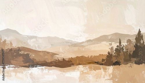 Fototapeta Naklejka Na Ścianę i Meble -  Abstract beige, white and brown acrylic painting on canvas, natural landscape with mountains