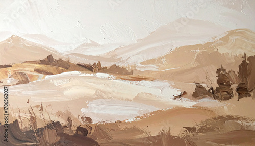 Abstract beige, white and brown acrylic painting on canvas, natural landscape with mountains