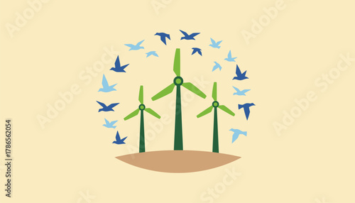 A flock of birds gracefully navigating around wind turbines illustrating the coexistence of wildlife and renewable energy infrastructure.