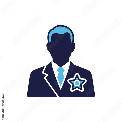 Silhouette of a man in a suit wearing a badge, representing law enforcement and authority in a simple, modern style.