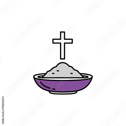Bowl of ashes sits beneath a cross, symbolizing repentance and faith during the Lenten season, a time of reflection and spiritual renewal.