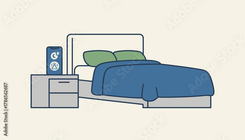 A peaceful bedroom scene with a bedside table showing a phone set to Do Not Disturb while using a sleep meditation app.