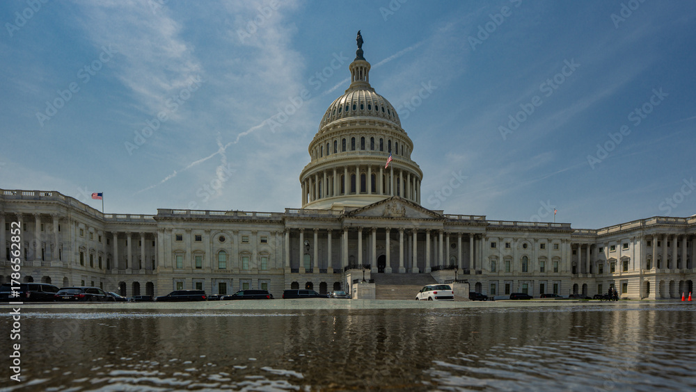 Fototapeta premium Capitol landmark. Capitol building. Congress of USA. The House and Senate. Capitol Reflecting Pool in Washington, DC. Iconic Capitol Building is symbol of American democracy.