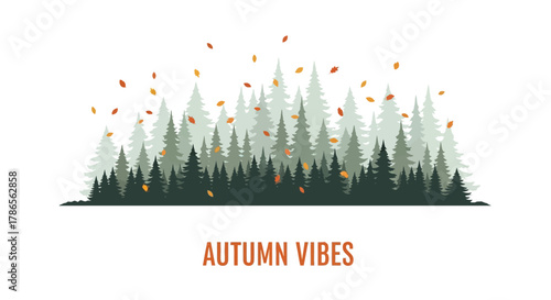 Stylized illustration of a dense evergreen forest with falling autumn leaves against a white background