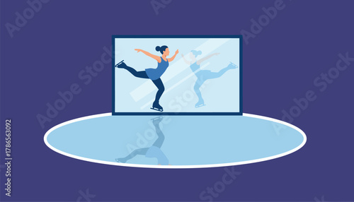 An ice skater practices spins and jumps on a rink dedicating time to perfecting intricate routines in front of a mirror.