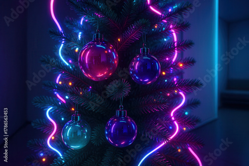 Vibrant christmas tree with neon lights and reflective ornaments in modern holiday setting