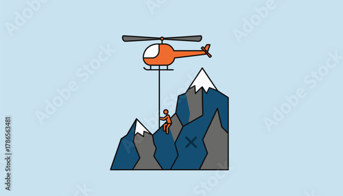 A helicopter hovers above a rugged mountain face preparing to rescue a climber who has encountered difficulties symbolizing adventure and safety.