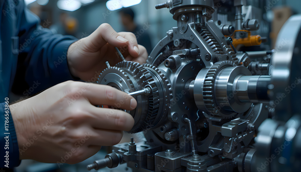 Fototapeta premium Man working on a machine in a factory, showing detailed industrial environment and mechanical parts, emphasizing technical skills and professional activity