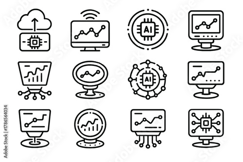 Floating networked holographic icons predictive device connected icon data vector analytics panel