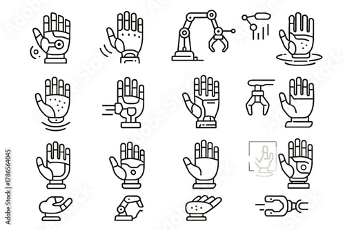 Hand digital icons hands floating robotic icon gripper assembly smart industrial vector