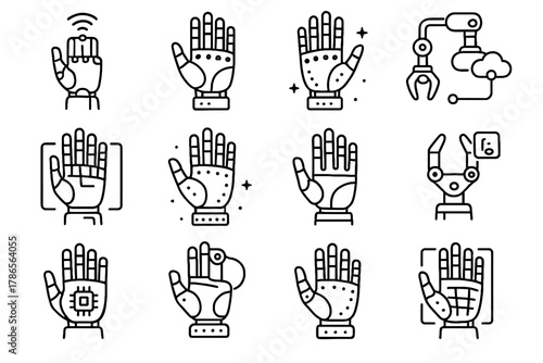 Floating industrial interactive predictive digital glove robot robotic icon hand vector icons