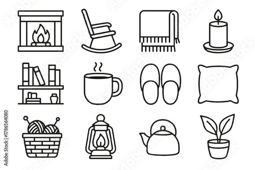 Rocking vector fireplace lantern icon plant icons basket autumn mug pillow indoor