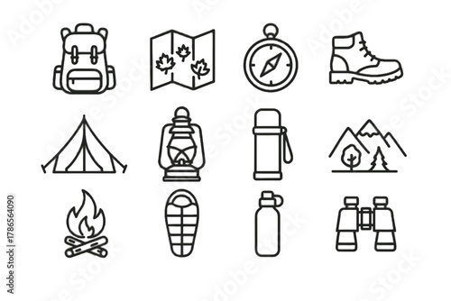 Travel mountain thermos compass boots bag vector binoculars autumn icons icon campfire