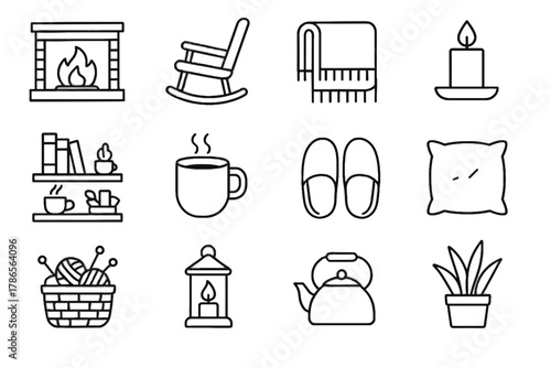 Candle indoor basket kettle bookshelf rocking drink vector autumn yarn pumpkin icon