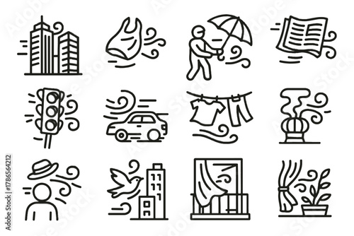 Icon person waving urban wind curtains hat bird flying bag vector swirl