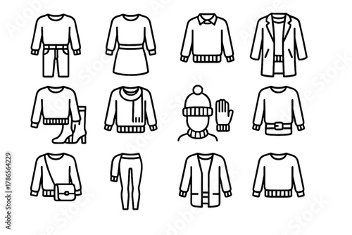Skirt boots cardigan coat layered icons vector sweater outfit gloves bag icon