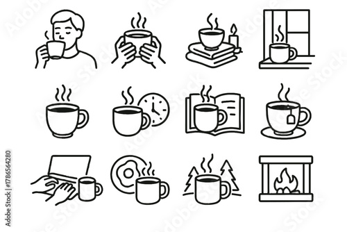 Tea icon cozy drink working mug steaming hands vector cup holding hot