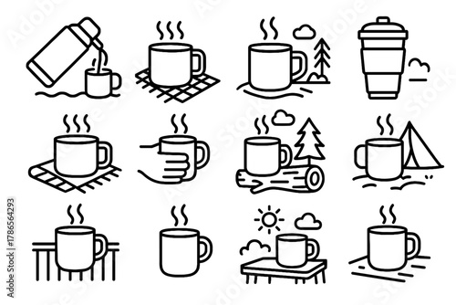 Outdoor hand vector picnic drink steaming cup table mug icons icon blanket