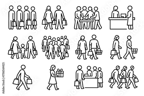 Walking vector shopping icon queuing aisle bags crowd icons trolley busy counter