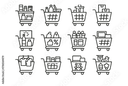 Produce products rack retail goods display gift icon vector shelf set items