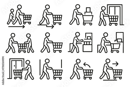 Rolling display vector icon adjusting following entering store passing cart corner icons