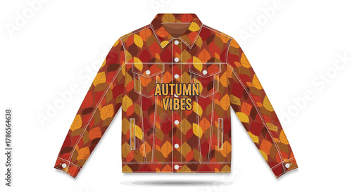 Stylish denim jacket adorned with a vibrant pattern of falling autumn leaves and the text autumn vibes