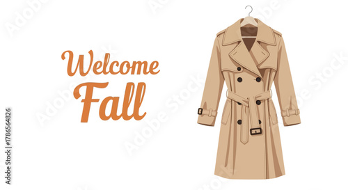 Stylish beige trench coat hanging on a hanger with a welcome fall text overlay