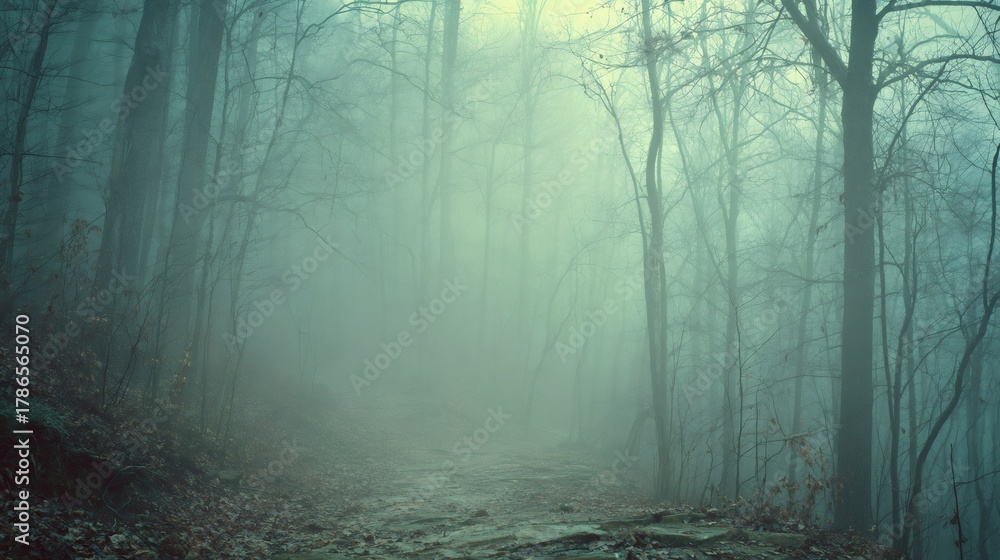 Obraz premium Forest path disappearing into thick fog with bare trees, creating a mysterious and eerie atmosphere in wintry woods