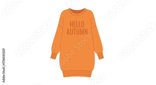 Cozy orange long sleeve sweatshirt dress with bold black text print on white background