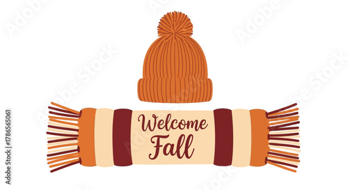 Cozy orange knit beanie hat and scarf with welcome fall message on white background