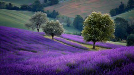 Papier peint photo Prune Lavender fields blooming on rolling hills, creating a beautiful landscape with rich purple colors and lush green trees  © ArtPixel-Portfolio