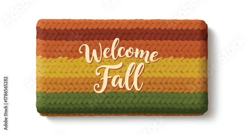 Cozy knitted blanket with warm autumn colors and welcome fall text overlay